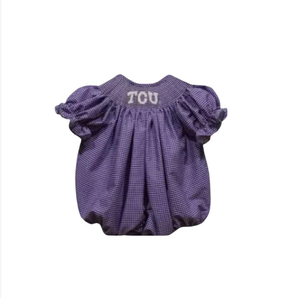 Purple Baby Hand Smocked Bubble Romper with TCU Embroidery